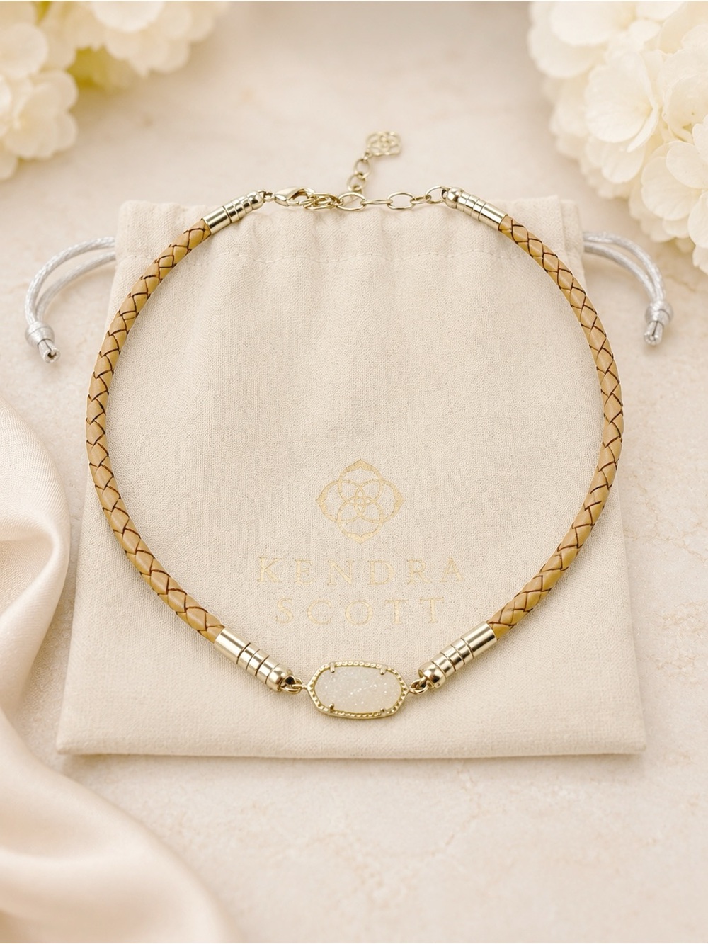 Kendra Scott Cooper Iridescent Drusy Leather Braided Necklace Gold - Picture 3 of 8